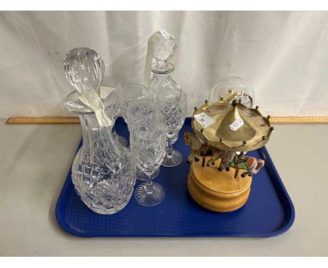 Mixed Lot: Modern mantel clock, decanter and glasses and a carousel figure