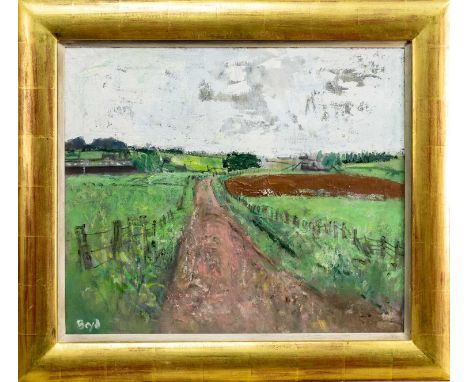 * JOHN G BOYD RP RGI (SCOTTISH 1940 - 2001) TRACK THROUGH THE FIELDS oil on canvas, signed, titled label versoframed and unde