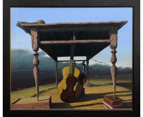 * GORDON K MITCHELL RSA RSW RGI (SCOTTISH b. 1952), TABLE WITH STRINGED INSTRUMENTS oil on canvas, signedframed and under gla