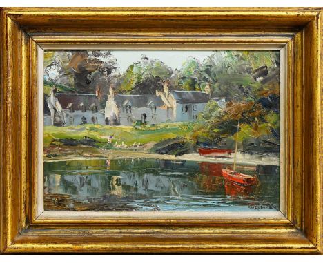* SHEILA MACLEOD ROBERTSON RSMA (BRITISH 1927 - 2020), THE LITTLE HARBOUR, PLOCKTON  oil on board, signedframedimage size 18c