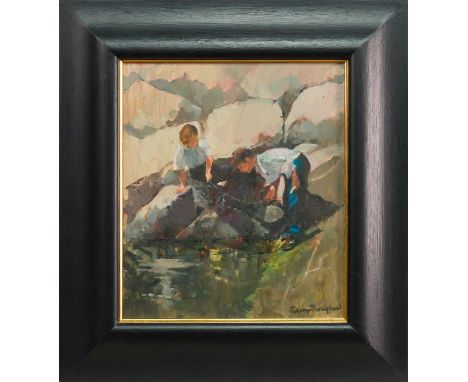 * GEORGE THOMPSON (BRITISH 1934 - 2019), BOYS FISHING oil on board, signed, titled and dated 1995 versoframed and under glass