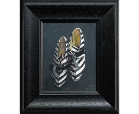 * ALEXANDRA (SANDIE) GARDNER (SCOTTISH b. 1945), BLACK & WHITE SHOES oil on board, signed, titled versoframed and under glass