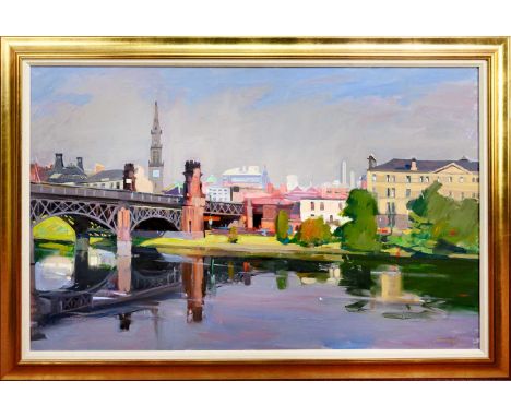 * JOHN CUNNINGHAM RGI D LITT (SCOTTISH 1926 - 1998), GLASGOW CITYSCAPE  oil on canvas, signed framed  image size 81cm x 128cm