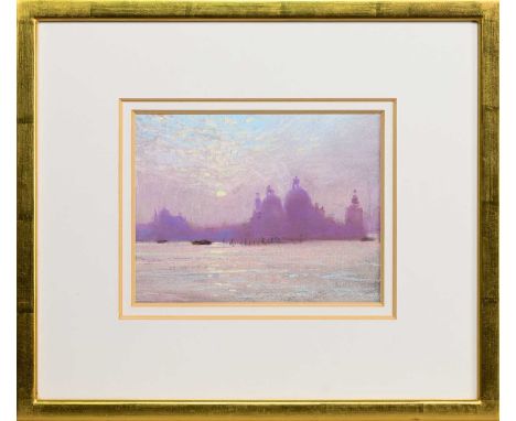 * GEORGE DEVLIN RSW RGI ROI ARWS FRSA (SCOTTISH 1937 - 2014), SUNSET OVER SALUTE pastel on paper, signed, titled label versom