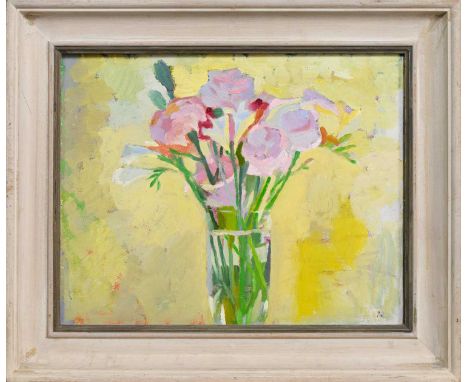 * SIR NORMAN REID (BRITISH 1915 - 2007), CARNATIONS AND FRESIAS AGAINST THE LIGHT oil on board, initialed, titled label verso