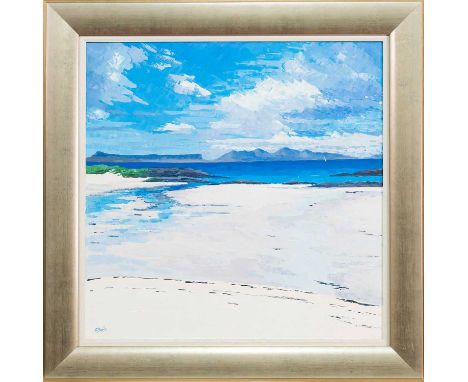 * ALEXANDRA STEELE (SCOTTISH b. 1946), LOW TIDE, ARISAIG oil on canvas, signed, titled label versoframed image size 60cm x 60