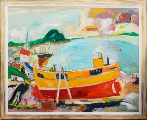 * JOHN BELLANY CBE RA HRSA (SCOTTISH 1942 - 2013), BOAT IN HARBOUR   oil on canvas, signed framed   image size 122cm x 152cm,