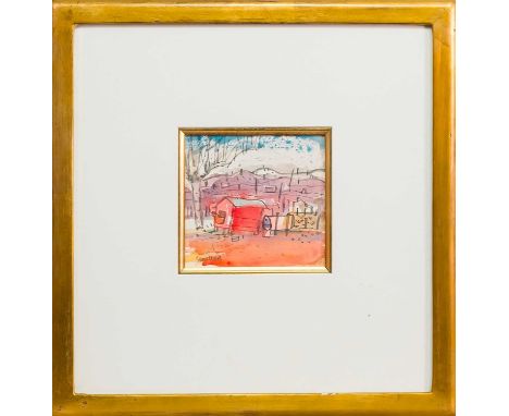 * GLEN SCOULLER RSW RGI DA (SCOTTISH b. 1950), HEN + DOG KENNEL I watercolour on paper, signed, titled label versomounted, fr