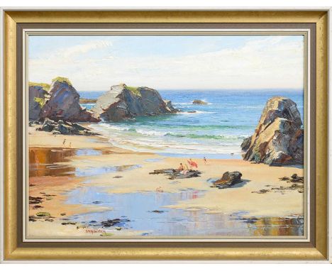 * SHEILA MACLEOD ROBERTSON RSMA (BRITISH 1927 - 2020), OUT-GOING TIDE, PORTHCOTHAN, CORNWALL oil on board, signed, titled lab