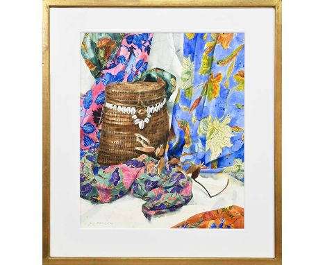 * JENNY MATTHEWS RSW (SCOTTISH b. 1964), LOMBOK SHELL BASKET WITH BATIKS watercolour on paper, signed, titled label versomoun