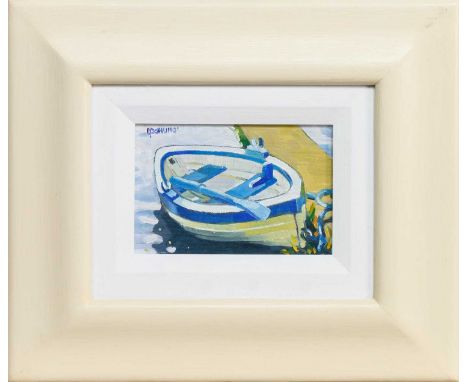 * LIN PATTULLO (SCOTTISH b. 1949), BOAT AT DOCK oil on canvas, signedframed and under glassimage size 10cm x 15cm, overall si