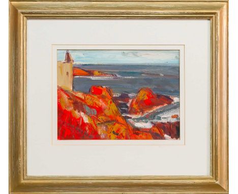 * GORDON BRYCE RSA RSW (SCOTTISH b. 1943), BRIGHT DAY - DUNNOTTAR  oil on paper, signed and titled verso mounted, framed and 