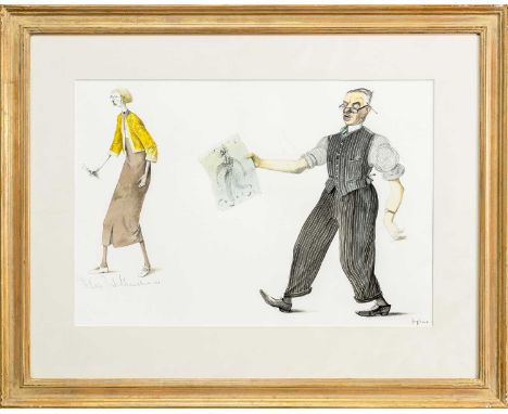 * JOHN BYRNE RSA (SCOTTISH 1940 - 2023), MISS WALKINSHAW WITH WILLIE CURRY watercolour and pencil on paper, signed and inscri