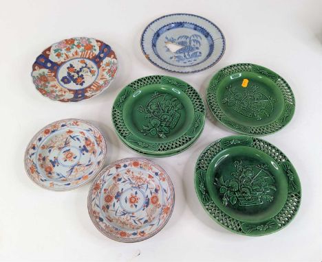 A near pair of Chinese porcelain Imari dishes, dia. 17cm, together with other ceramics to include Japanese Imari lobed dish, 