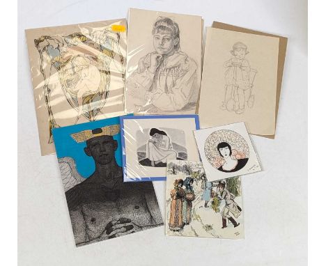 A collection of artworks, to include a female head &amp; shoulders portrait by D Waterworth, dated 1936, The Cigarette by M H