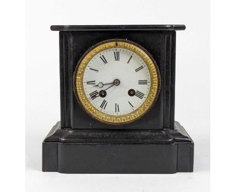 A Victorian black slate cased mantel clock, the enamel dial with Roman numeral markers and twin winding holes for an eight da