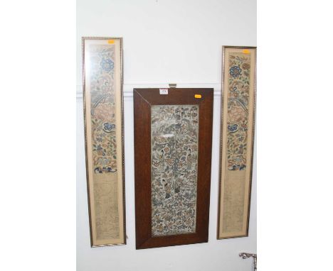 A Chinese embroidered panel, depicting figures within a garden, 54x19cm, housed within an oak frame, together with a similar 