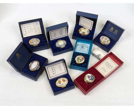 A collection of Halcyon Days enamel patch boxes, to include Christmas 1990, and Ferdinand and Isabella, limited edition 57/20