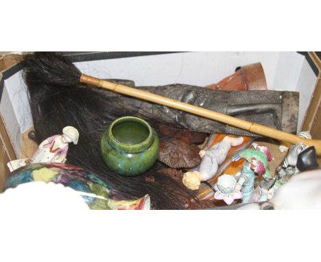 Glass and ceramics to include a Staffordshire pearl ware figure, German porcelain candlestick (a/f), an African carving