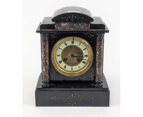 A Victorian black slate and rouge marble mantel clock, the enamel chapter ring showing Roman numerals and having and 8 day mo