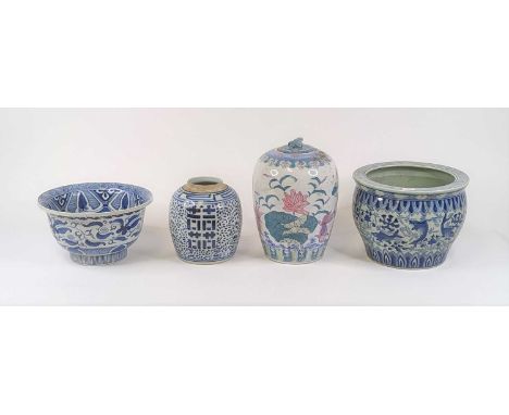 A Chinese blue &amp; white porcelain bowl, decorated with a dragon dia. 31cm, together with a Chinese blue &amp; white jardin