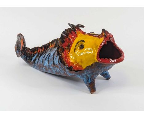 A 20th century polychrome glazed studio pottery model of an Angler fish, length 61cm