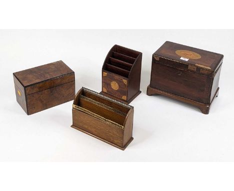 A 19th century walnut twin compartment tea caddy 22cm, together with an Edwardian mahogany stationery rack, width 14cm, a sim