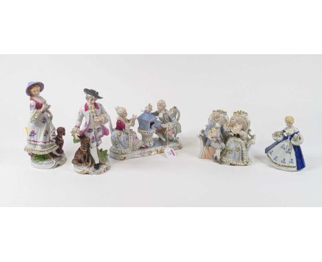 A collection of five continental porcelain figures and figure groups, largest height 25cm