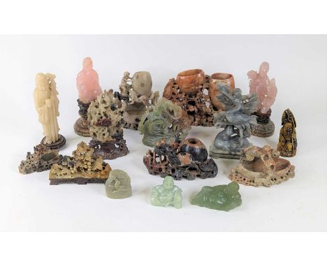 *A collection of oriental hardstone carvings, to include a soapstone example of a crane before a tree, height 21cmLight chips