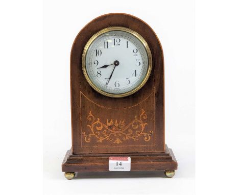 *An Edwardian mahogany and inlaid dome top mantel clock, the enamel dial with Arabic numerals, height 24cm