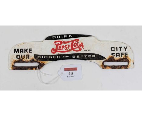 An enamel on metal advertising sign for Pepsi Cola, inscribed 'Make our city safe', width 25cm