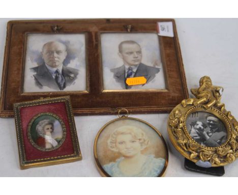 *A pair of portrait miniatures of gentleman, 20th century, each 10 x 7.5cm; together with three further portrait miniatures a