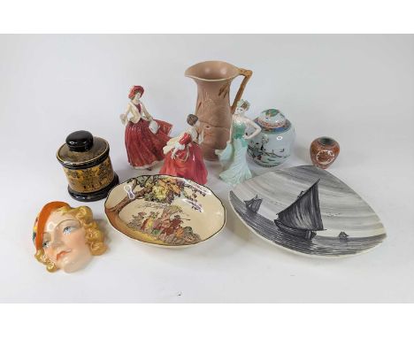 A collection of ceramics to include an Art Deco Czechoslovakia hand painted pottery wall mask (a/f), Doulton figures of ladie