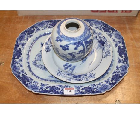 An 18th century Chinese blue and white porcelain meat plate, 30 x 38cm; together with an 18th century Chinese blue and white 