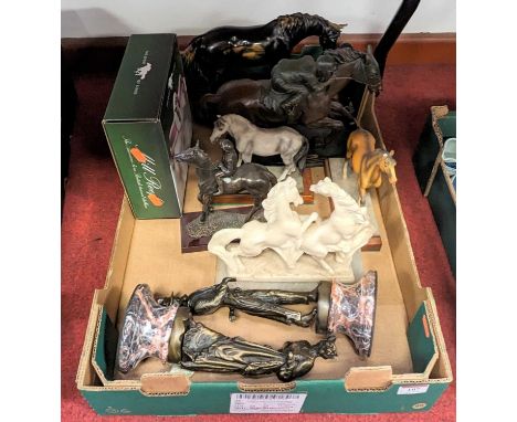 A collection of various figures of horses, together with a pair of bronzed metal anthropomorphic figuresLight brown resin hor