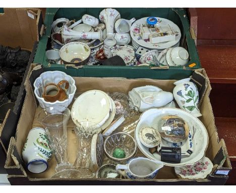 Two boxes of ceramics and glassware to include Spanish porcelain figure of a duck, height 20cm, various cut glass vases etc