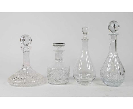 A cut glass ship's decanter and stopper, height 25cm, together with a mallet shaped decanter and two others (4)