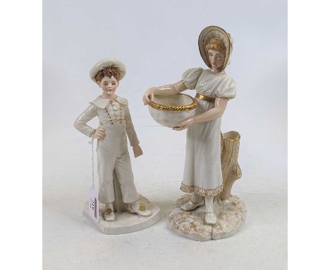 A Royal Worcester Kate Greenaway porcelain figural spill vase, in the form of a girl holding a basket before a tree trunk, ci
