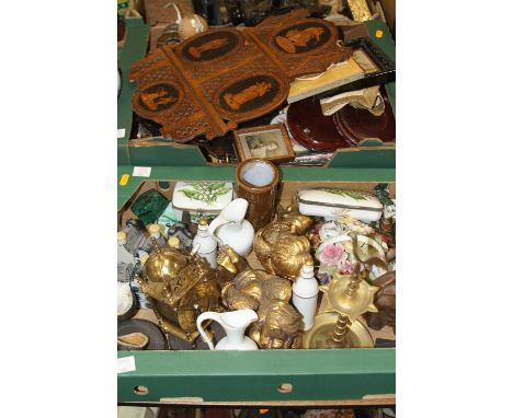 *Two boxes of miscellaneous items to include ceramics, a fret carved wall panel, etc