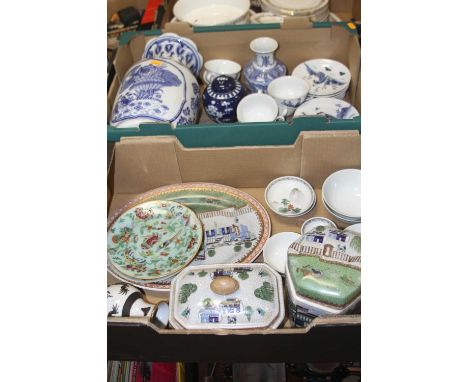 Two boxes of Chinese ceramics to include two enamel decorated celadon glazed side plates