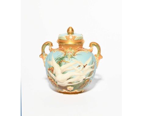 A Royal Worcester vase and cover, date code for 1906, of shape 1515, painted by Charley Baldwyn with swans in flight among ra