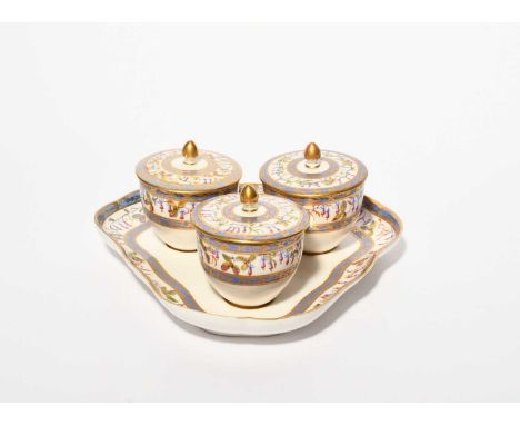 A Sèvres triple jam pot on a fixed triangular stand (plateau à trois pots de confiture), date code for 1787, from the Montmor