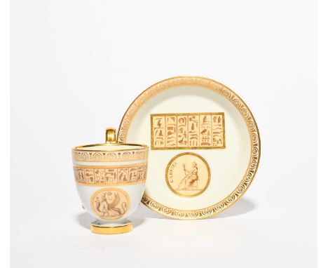 A Vienna cabinet cup and saucer, date code for 1801, decorated with bands and panels of hieroglyphs, the saucer with a rounde