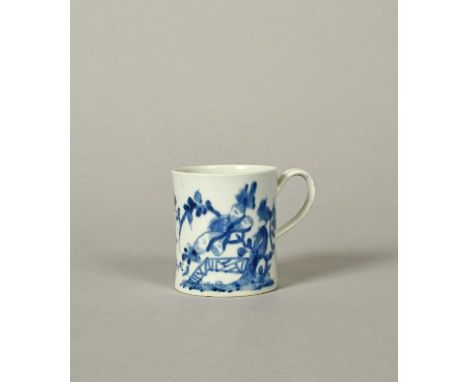 A Worcester blue and white coffee can or small mug, c.1754, painted with the Rock Warbler pattern, the long-tailed bird perch