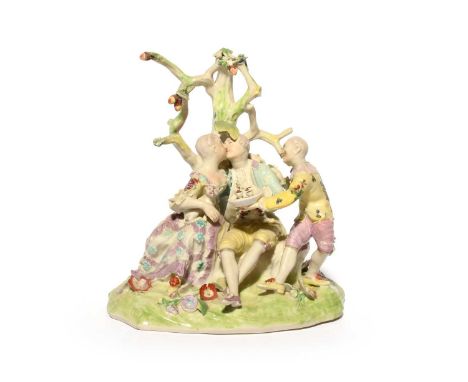 A rare Derby 'Pale Family' figure group of Isabella with a Gallant and Jester, c.1756-59, after a Meissen group of The Hypoch