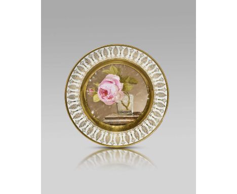 A Dihl et Guerhard (Paris) porcelain plate c.1814, finely painted, probably by Cornelis van Spaendonck*, with a large pink ro