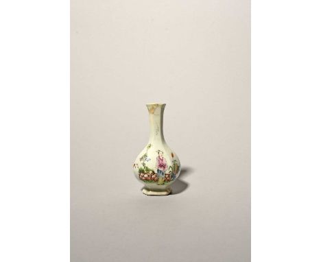 An early Worcester hexagonal bottle vase, c.1753-55, painted to one side in polychrome enamels with a Chinaman standing with 