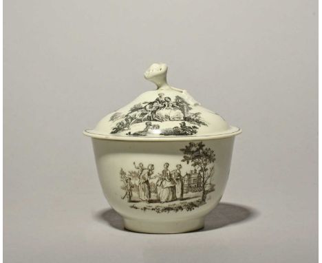 A Worcester sucrier and cover, c.1760, printed in black with the Fortune Teller (No 2), the Tea Party and the Maid and Page, 