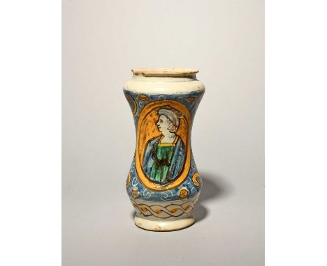 A Sicilian maiolica albarello, late 17th century, the waisted form painted in blue, green, yellow and manganese with a demi p