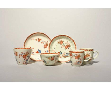 A small group of English porcelain teawares, c.1755-65, including a Bow coffee cup and saucer, a Worcester Warmstry-fluted te